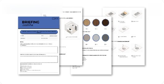 Documentos de briefing de cozinha com questionários e amostras de acabamento