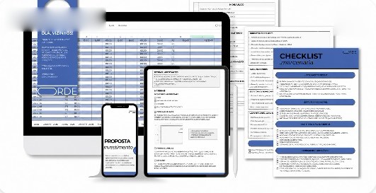 Planilhas no monitor, proposta no celular, checklist de marcenaria e manual do escritório