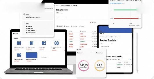 Plataforma de gestão com painéis de projetos, financeiro e redes sociais